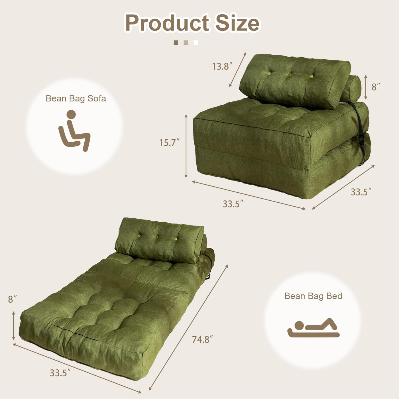 MAXYOYO Folding Couch Sofa Bed, Convertible Sleeper Chairs with Back Support and Pillow, Green