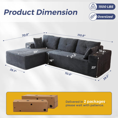 MAXYOYO 110" Modular Sectional Couch with L-Shape Chaise, Modern Couch for Living Room, Sofa in A Box, Upholstered Sofa Sleeper with Deep Seat, No Assembly Required, 2 Packages Included, Dark Grey