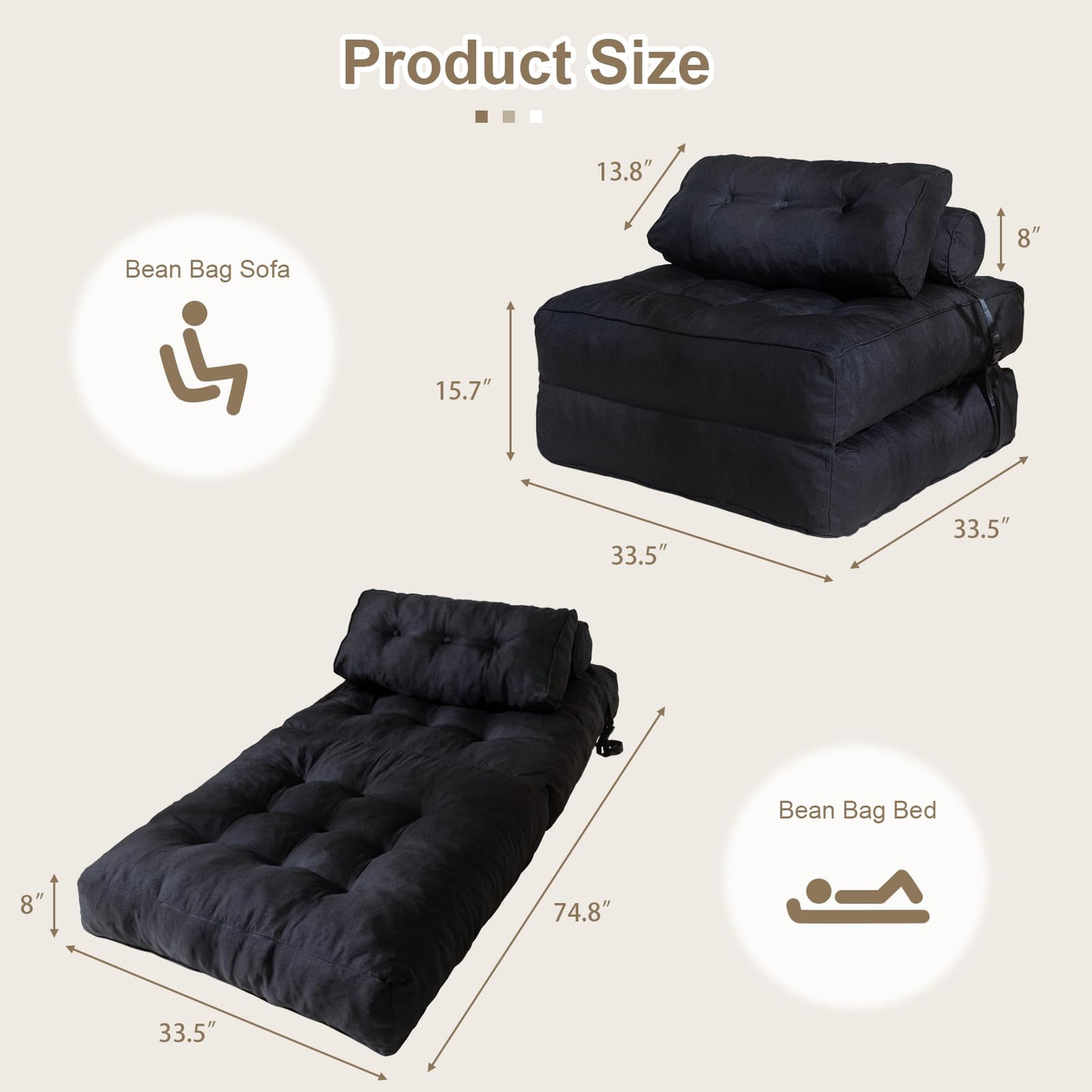 MAXYOYO Folding Couch Sofa Bed, Convertible Sleeper Chairs with Back Support and Pillow, Black