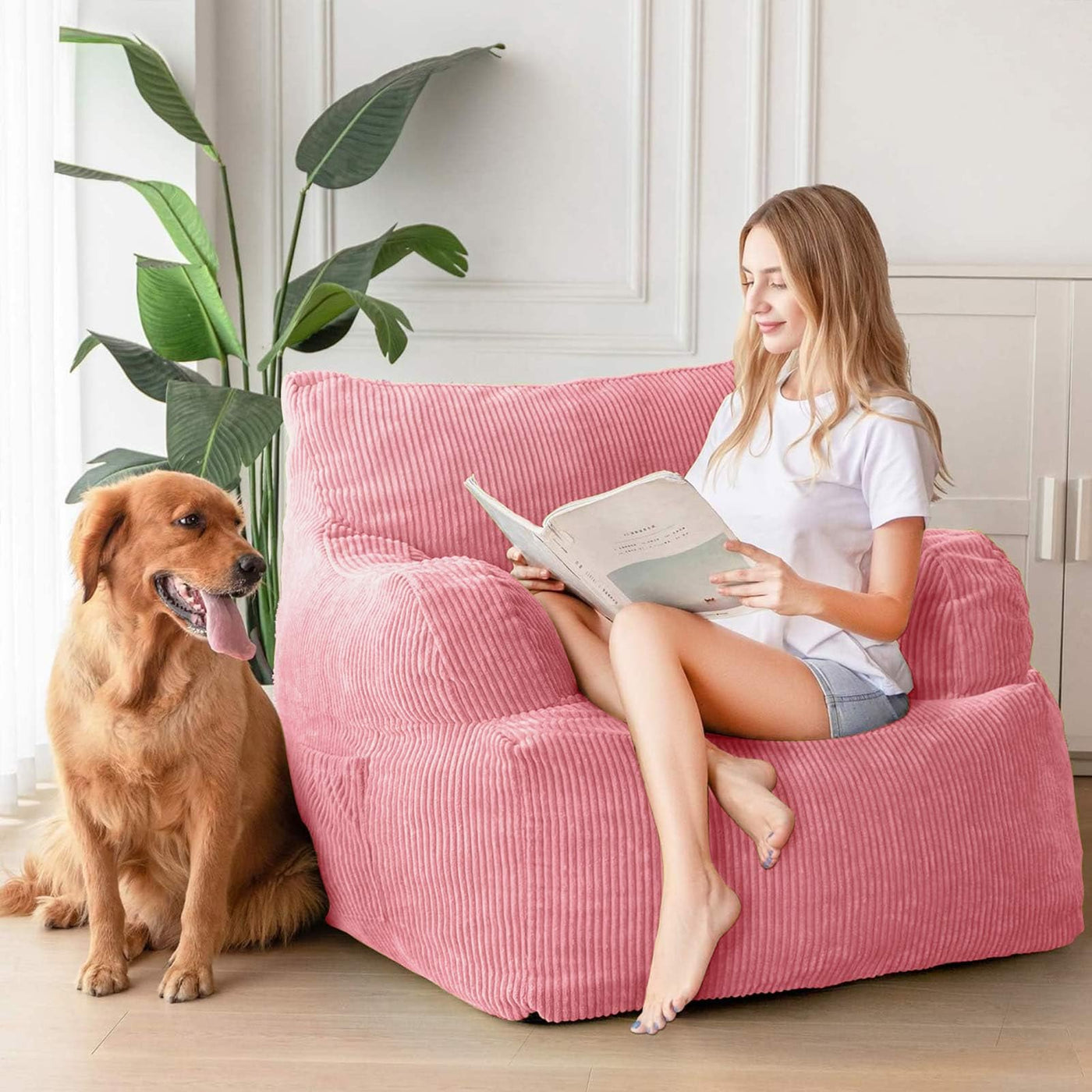 MAXYOYO Giant Bean Bag Chair, Stuffed Bean Bag Couch with Armrests for Living Room, Pink