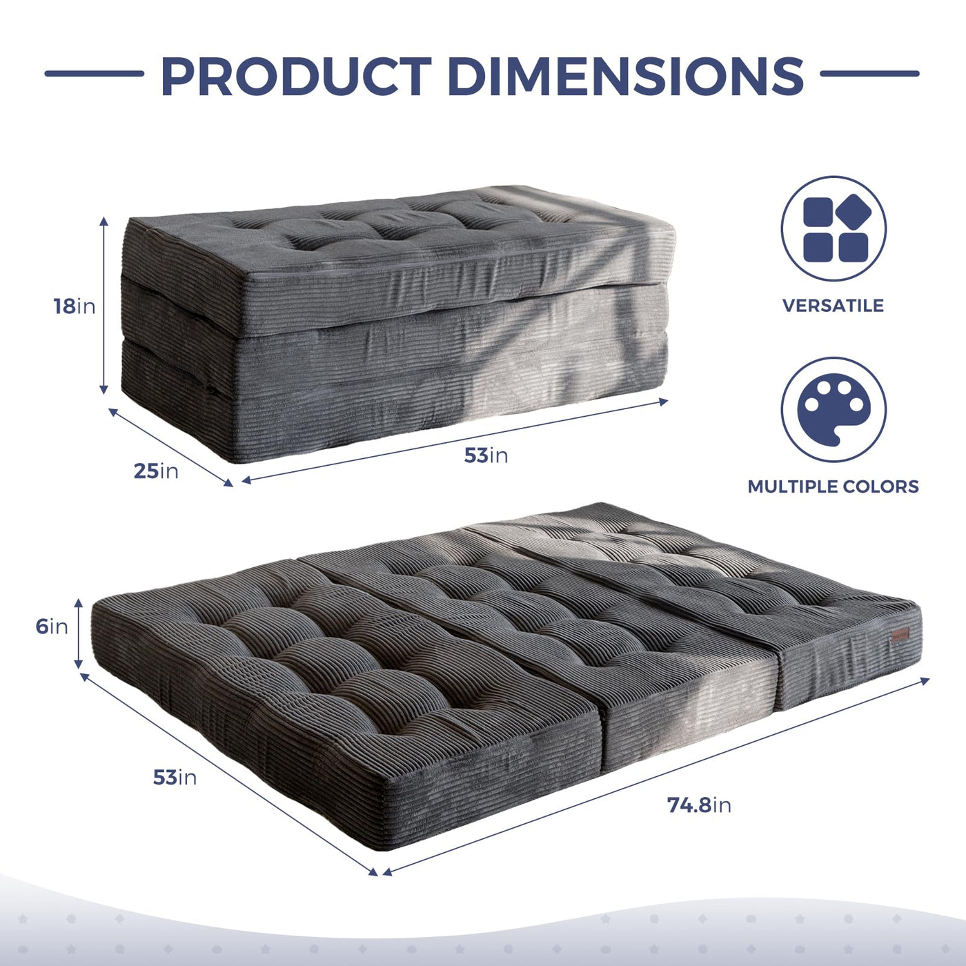 MAXYOYO Tri-Fold Mattress, 6 Inch Tufted Folding Mattress Full Foam Bed with Corded Fabric, Dark Grey
