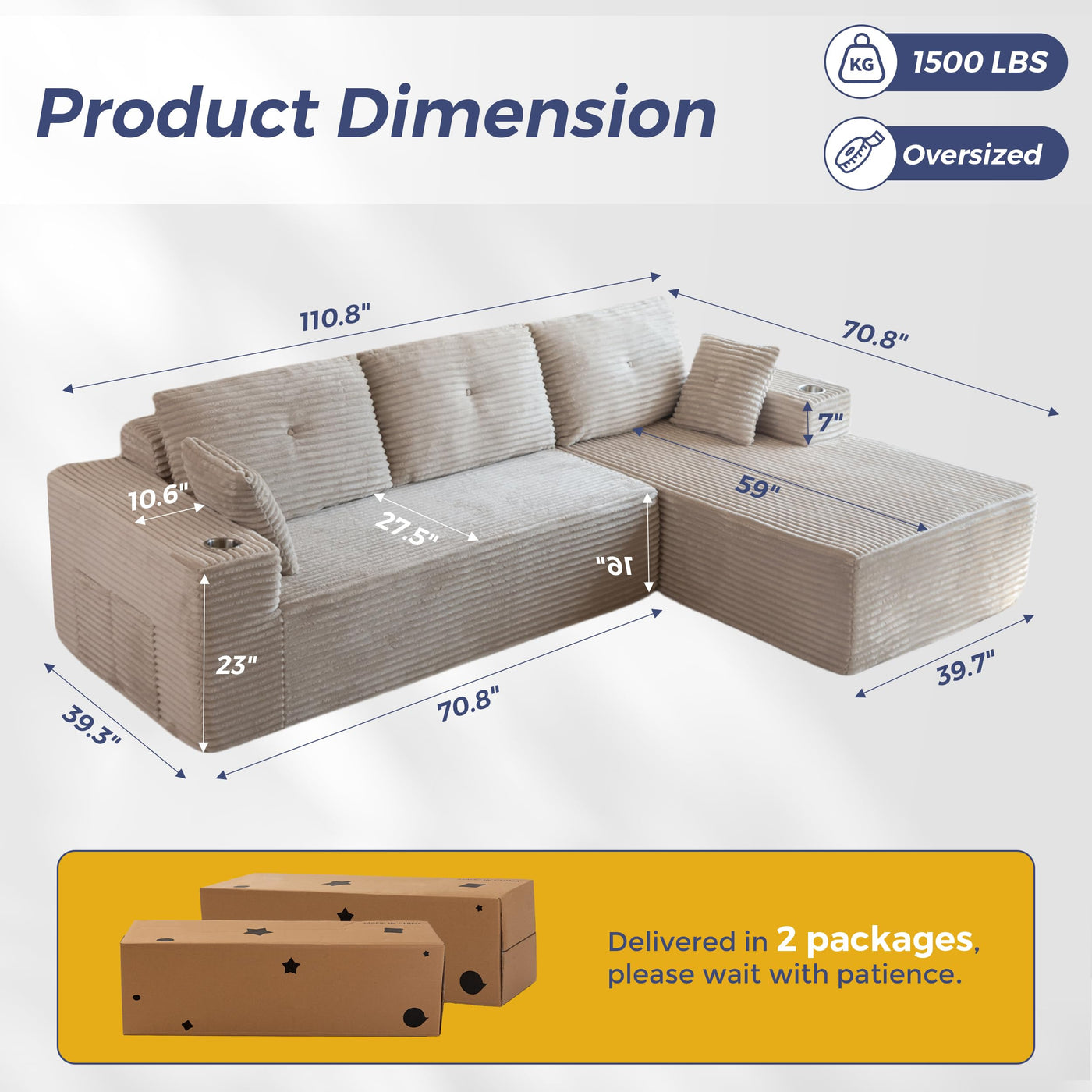 MAXYOYO 110" Modular Sectional Couch with L-Shape Chaise, Modern Couch for Living Room, Sofa in A Box, Upholstered Sofa Sleeper with Deep Seat, No Assembly Required, 2 Packages Included, Grey