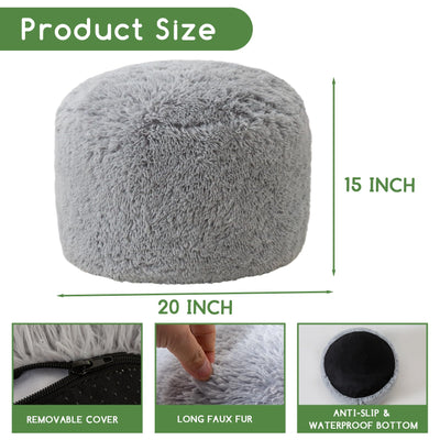 MAXYOYO Round Stuffed Pouf Ottoman, Long Faux Fur Poufs with Foam Chunk Filling, Grey