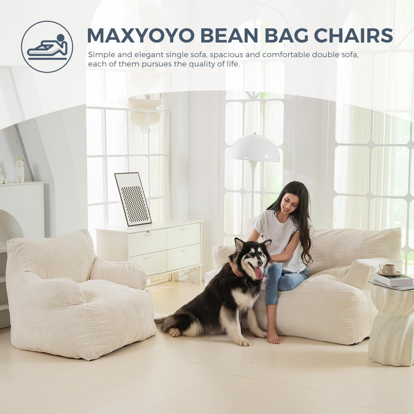 MAXYOYO Oversized Bean Bag Chair for Adults, 2-Seater Loveseat  Bean Bag Couch with Filler for Living Room, Beige