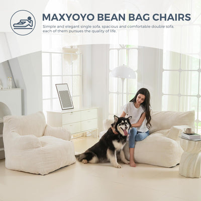 MAXYOYO Oversized Bean Bag Chair for Adults, 2-Seater Loveseat  Bean Bag Couch with Filler for Living Room, Beige