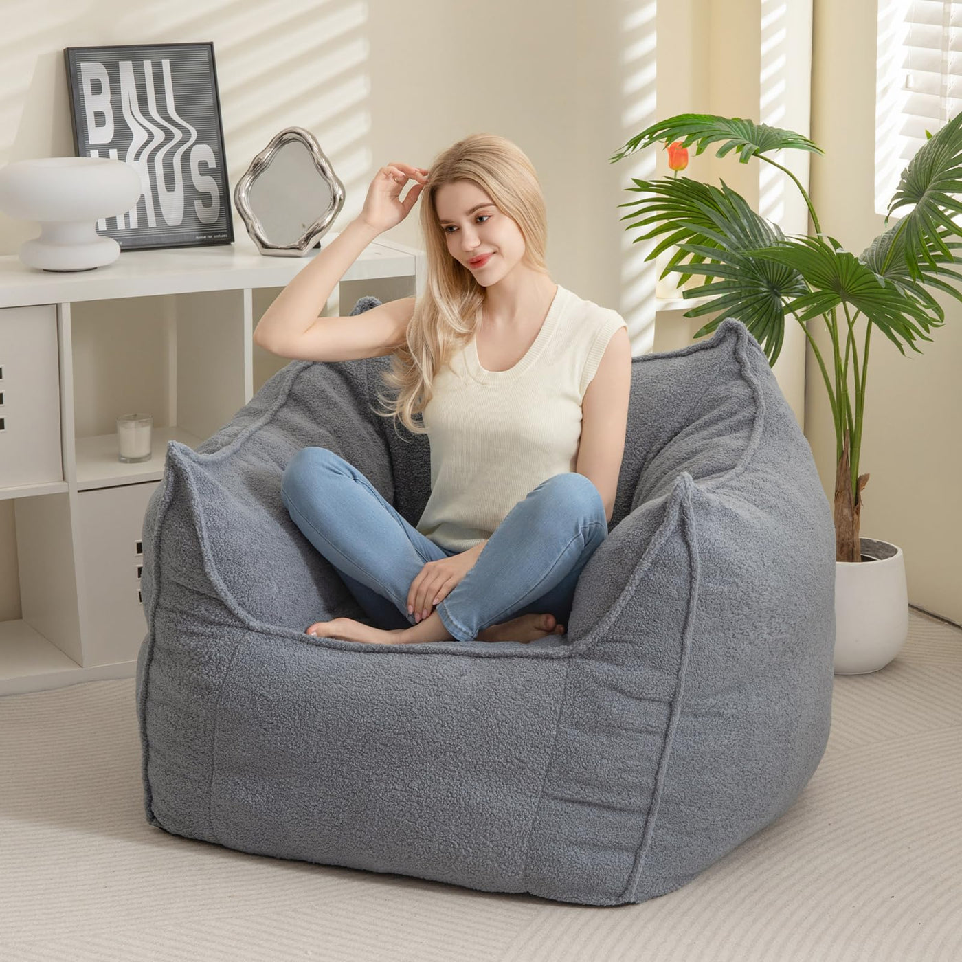MAXYOYO Artistic Bean Bag Chair Sofa, Bean Bag Lazy Chair for Adults with Armrests for Gaming, Reading (Grey)