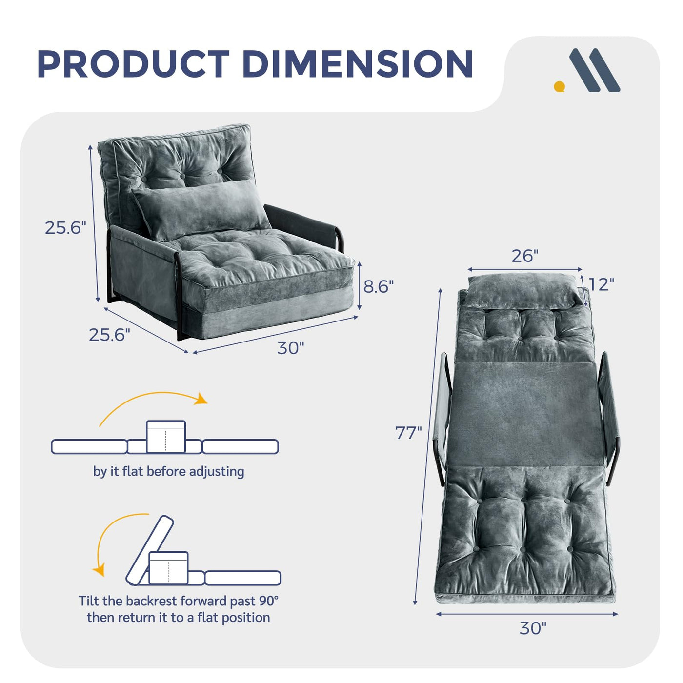 MAXYOYO Adjustable Floor Sofa Couch, Velvet Convertible Lazy Sofa Sleeper Bed with Pillow and Armrest, Single, Dark Grey