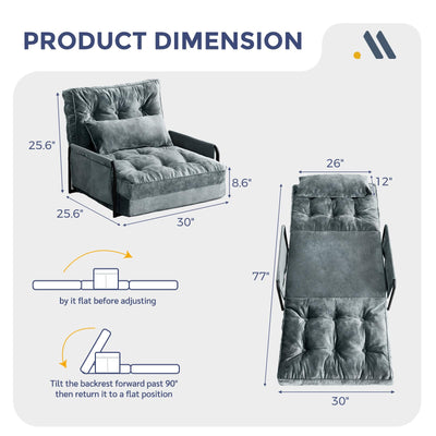 MAXYOYO Adjustable Floor Sofa Couch, Velvet Convertible Lazy Sofa Sleeper Bed with Pillow and Armrest, Single, Dark Grey