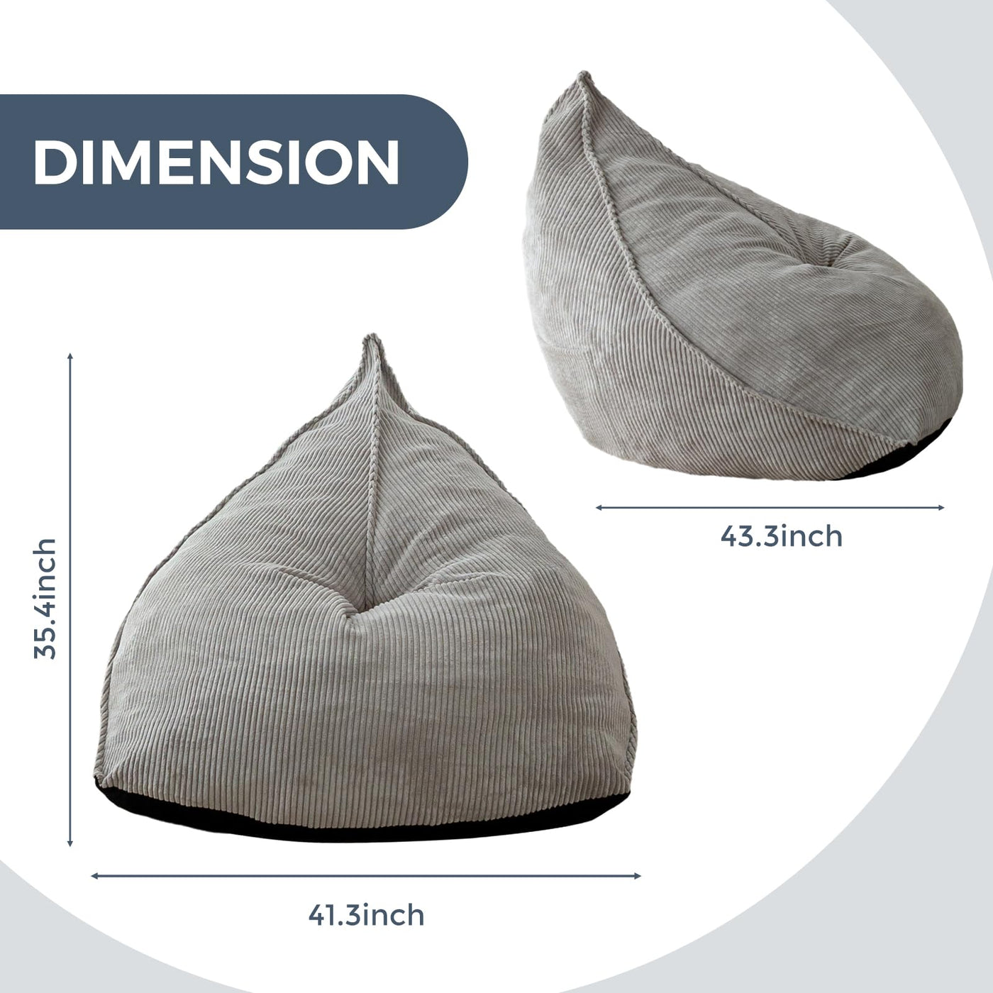 MAXYOYO Corduroy Bean Bag Chairs for Adult, Bean Bag Couch with Filler, Soft Lazy Sofa 43"x41"x35", Grey