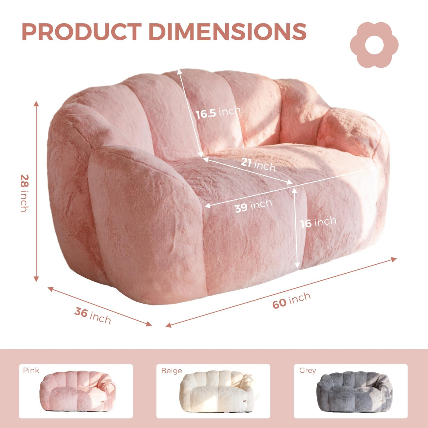 MAXYOYO Bean Bag Chair, Ultra Soft Faux Fur Loveseat Floral Petal Back Sofa for Adults, Double Size (Pink)