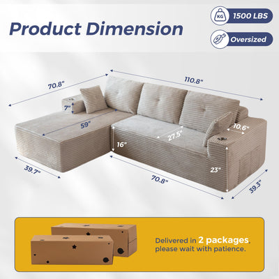 MAXYOYO 110" Modular Sectional Couch with L-Shape Chaise, Modern Couch for Living Room, Sofa in A Box, Upholstered Sofa Sleeper with Deep Seat, No Assembly Required, 2 Packages Included, Grey