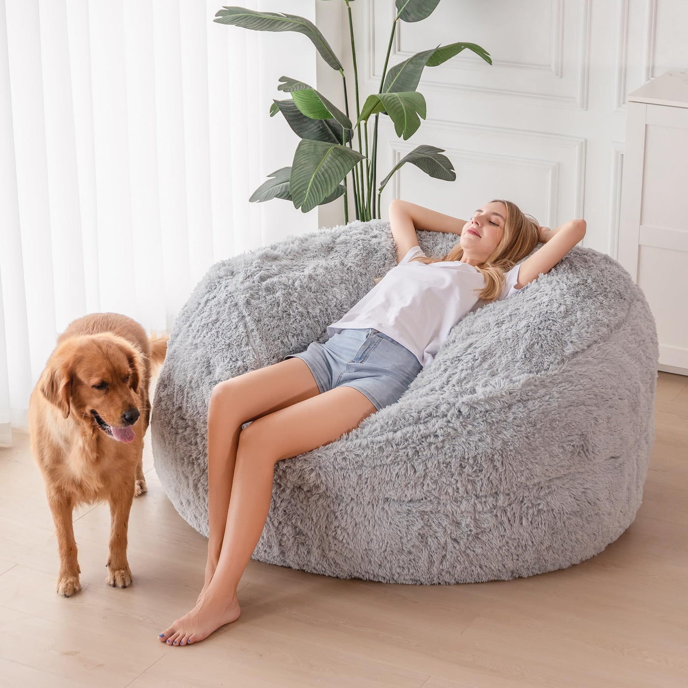MAXYOYO Giant Bean Bag, Faux Fur Convertible Beanbag Folds from Lazy Chair to Floor Mattress Bed,Grey