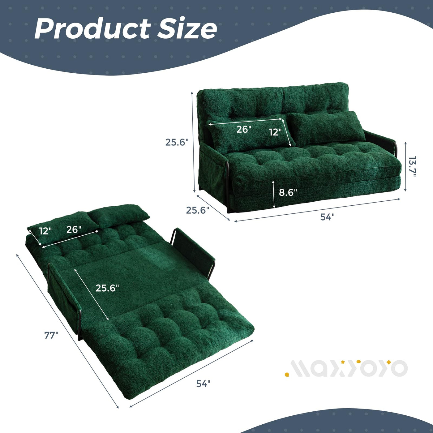 MAXYOYO Adjustable Floor Sofa Couch with 2 Pillows, Boucle Convertible Lazy Sofa Sleeper Bed with Armrest, Double, Green