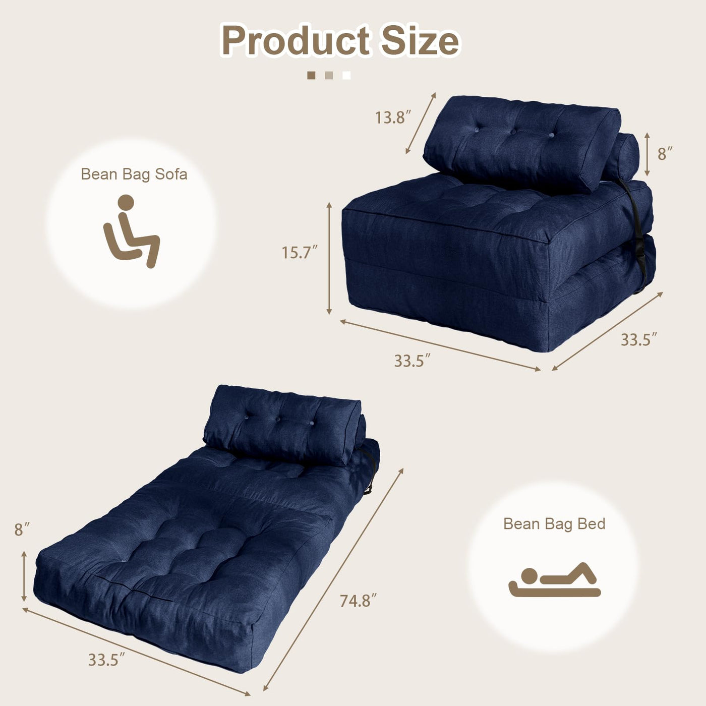 MAXYOYO Folding Couch Sofa Bed, Convertible Sleeper Chairs with Back Support and Pillow, Navy