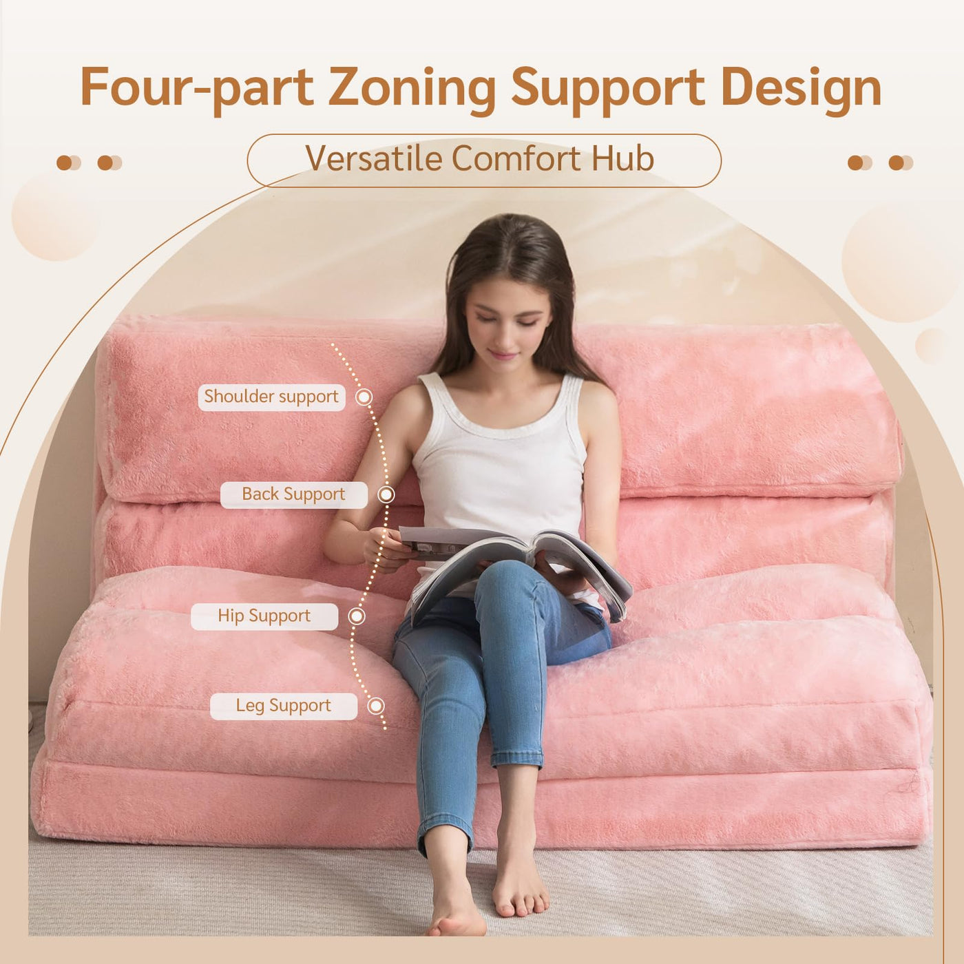 MAXYOYO  Bean Bag Bed Folding Sofa Bed, Extra Wider Fold Full Floor Mattress, Pink Floor Couch