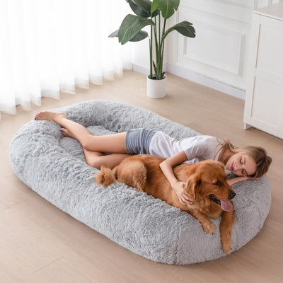 MAXYOYO Human Dog Bed, Long Faux Fur Giant Bean Bag Bed for Humans and Pets, Faux Fur Grey