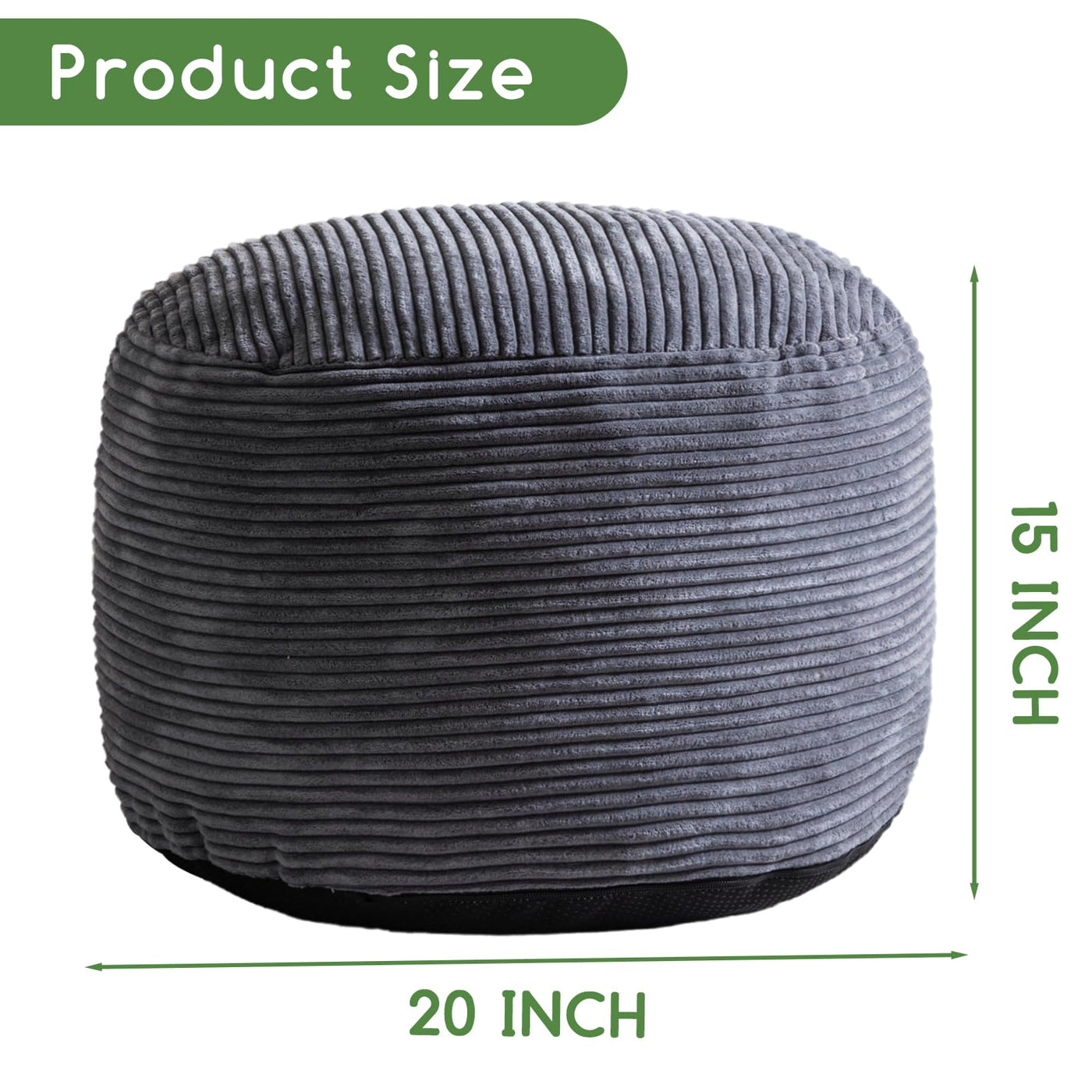 MAXYOYO Round Stuffed Pouf Ottoman, Corduroy Poufs with Foam Chunk Filling, 20 X 15In, Dark Grey