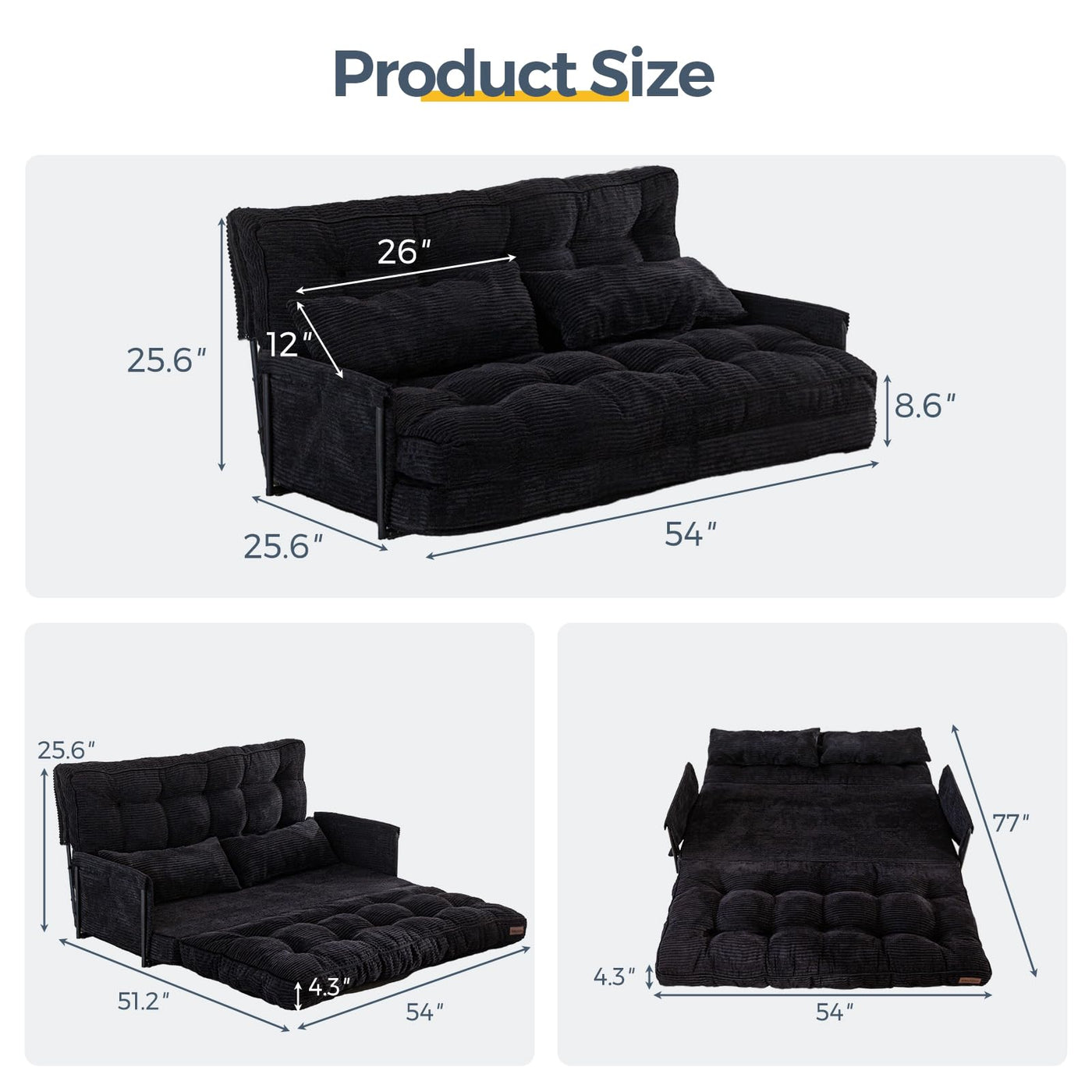 MAXYOYO Adjustable Floor Sofa Bed with 2 Pillows, Multi-Functional Bean Bag Sleeper Bed with Armrest for Reading Gaming, Black
