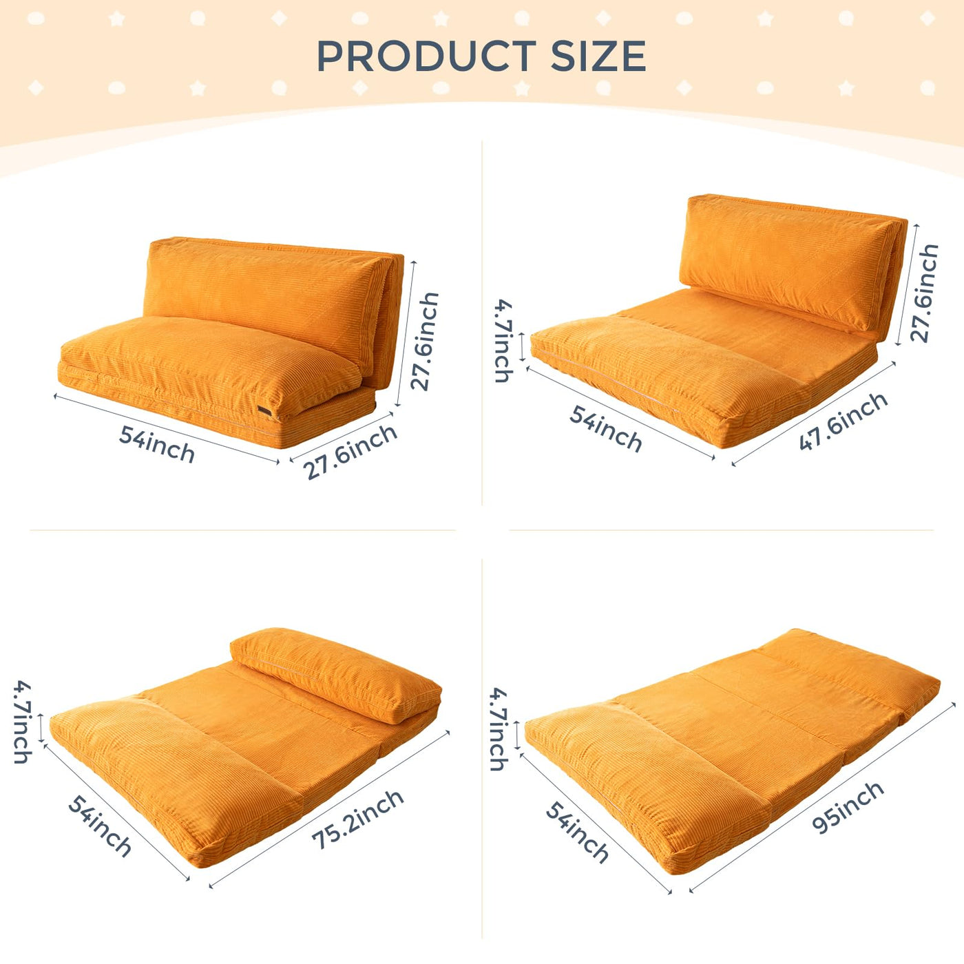 MAXYOYO Bean Bag Folding Sofa Bed with Corduroy Washable Cover, Extra Thick and Long Floor Sofa for Adults, Orange