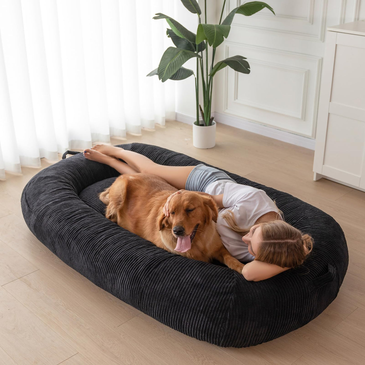 MAXYOYO Human Dog Bed, Corduroy Giant Bean Bag Dog Bed for Humans and Pets, Black