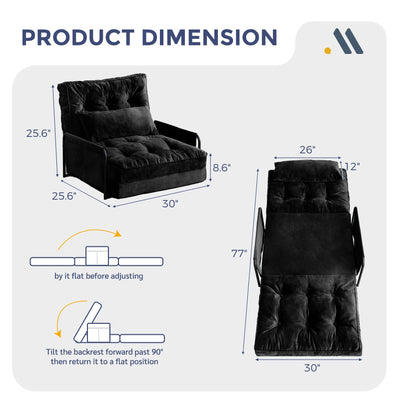 MAXYOYO Adjustable Floor Sofa Couch, Velvet Convertible Lazy Sofa Sleeper Bed with Pillow and Armrest, Single, Black