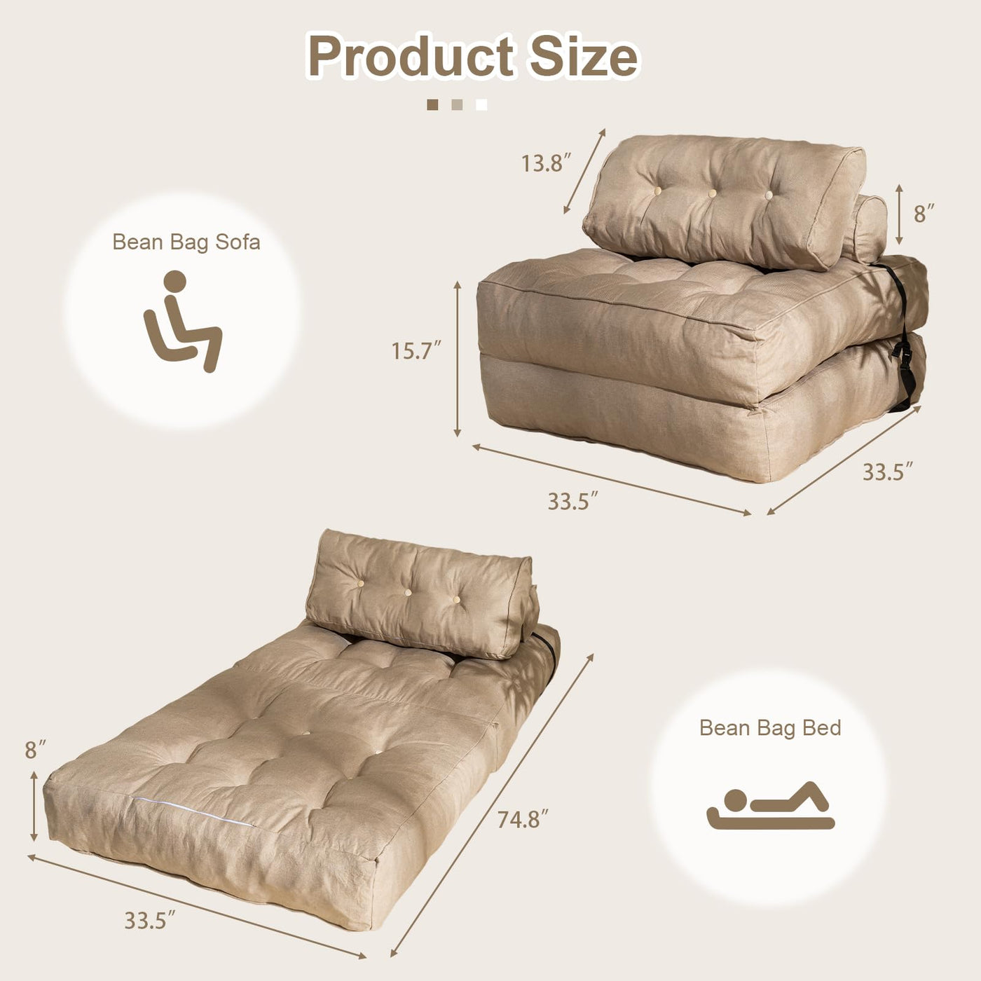 MAXYOYO Folding Couch Sofa Bed, Convertible Sleeper Chairs with Back Support and Pillow, Beige