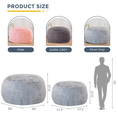 MAXYOYO Large Bean Bag Chair, Faux Fur Lazy Sofa for Living Room Bedroom, Grey