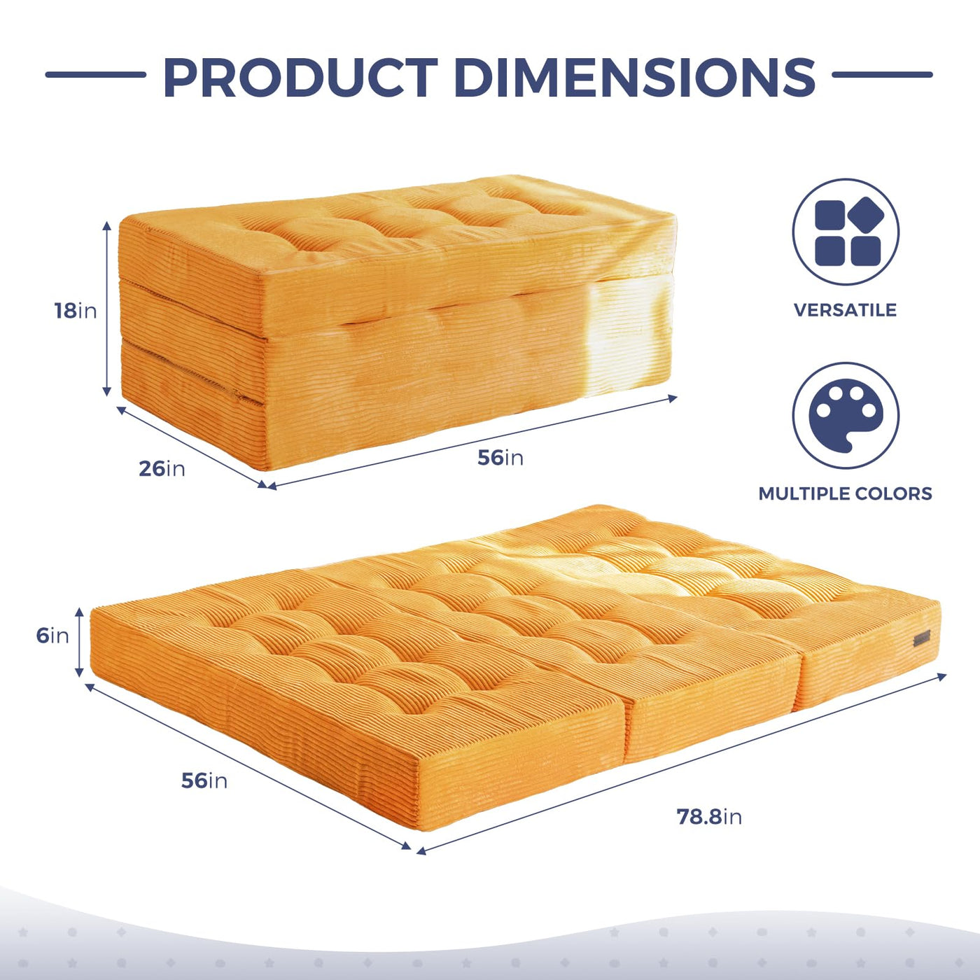 MAXYOYO Tri-Fold Mattress, 6 Inch Tufted Folding Mattress Full Foam Bed with Corded Fabric, Orange