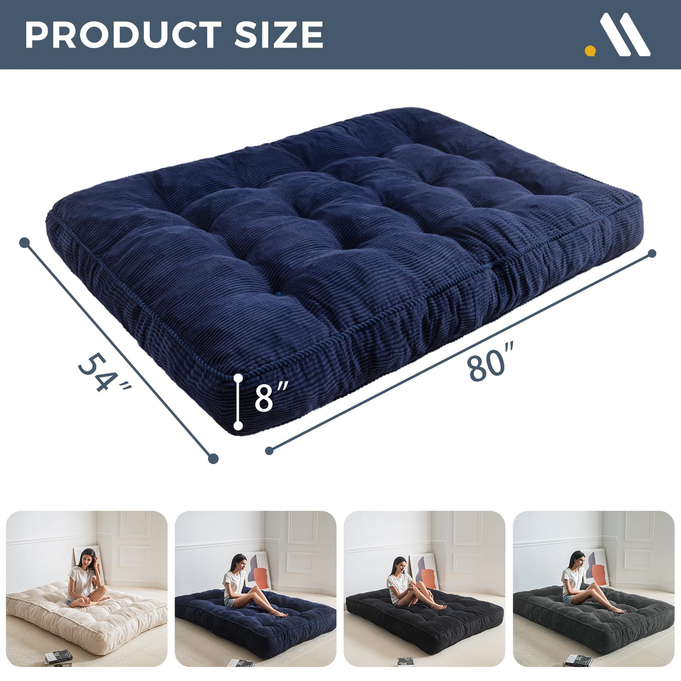 MAXYOYO 8" Tufted Futon Sofa Couch Bed, Thick Corduroy Fabric Floor Futon Mattress for Adults (Mattress Only), Navy