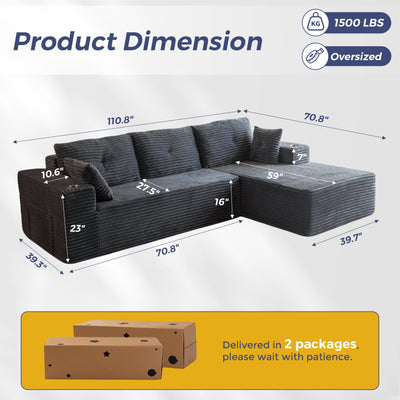 MAXYOYO 110" Modular Sectional Couch with L-Shape Chaise, Modern Couch for Living Room, Sofa in A Box, Upholstered Sofa Sleeper with Deep Seat, No Assembly Required, 2 Packages Included, Dark Grey