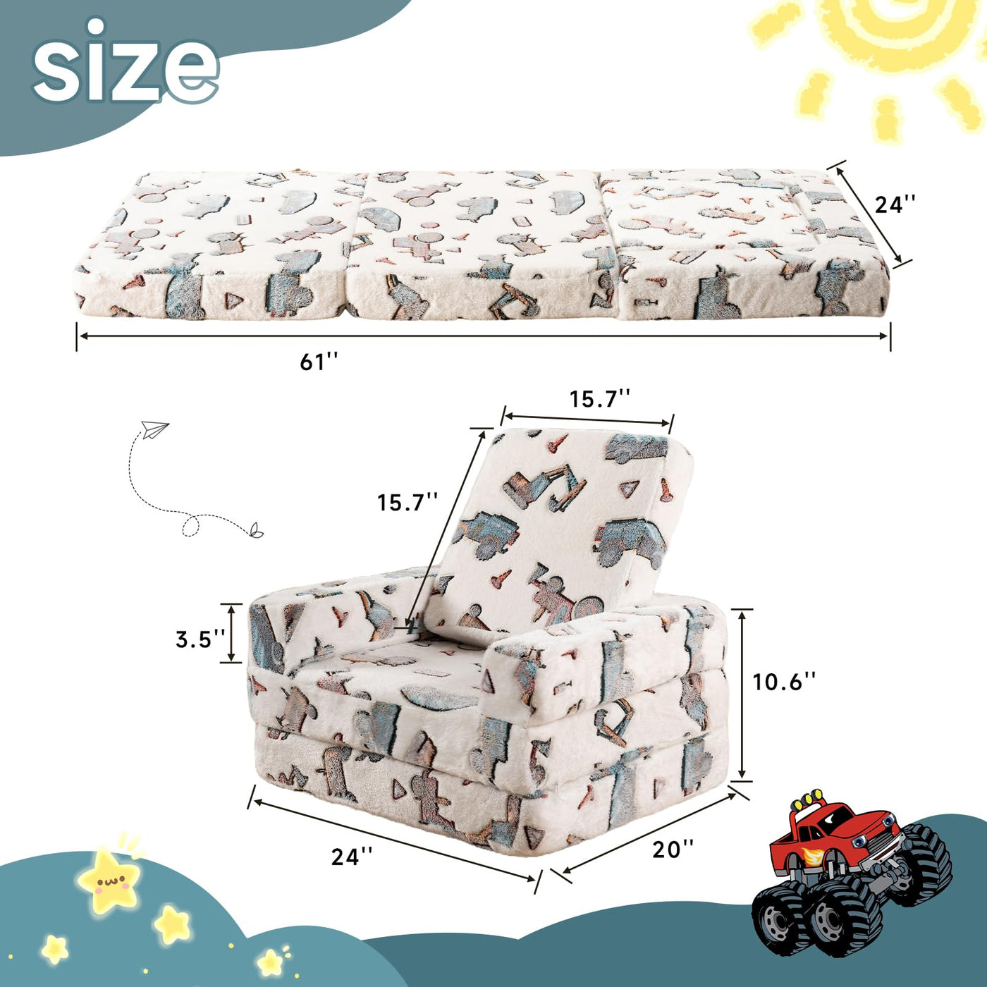 MAXYOYO Toddler Couch 2 in 1, Kids Folding Couch, Glow in The Dark Kids Sofa, Gifts for Kids, White Car Pattern