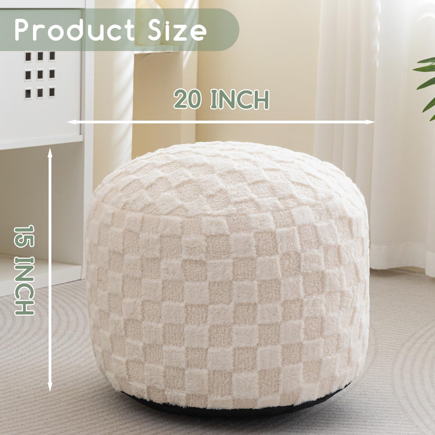 MAXYOYO Round Stuffed Pouf Ottoman, Plaid Poufs with Foam Chunk Filling, 20 X 15In, Beige
