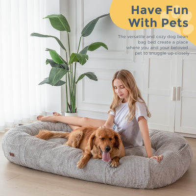 MAXYOYO Human Dog Bed, Corduroy Giant Bean Bag Dog Bed for Humans and Pets, Grey