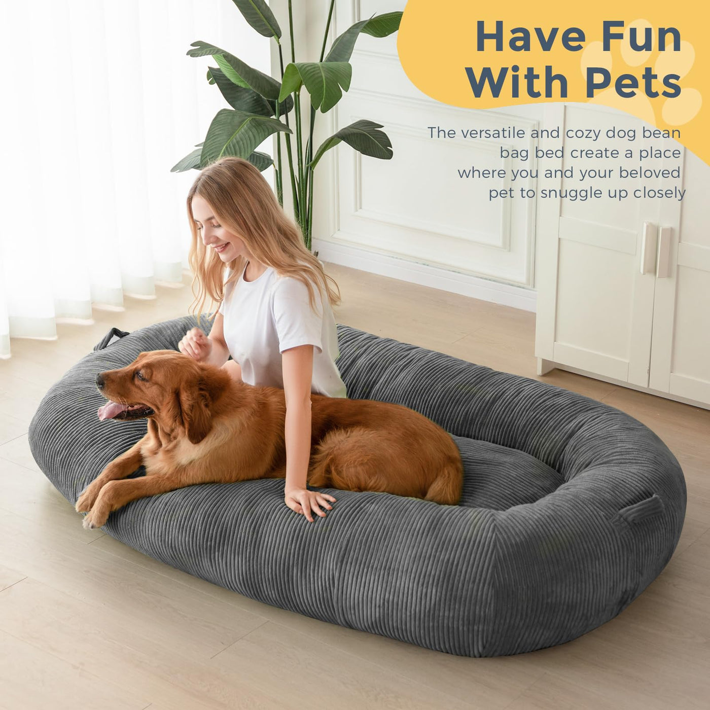 MAXYOYO Human Dog Bed, Corduroy Giant Bean Bag Dog Bed for Humans and Pets, Dark Grey