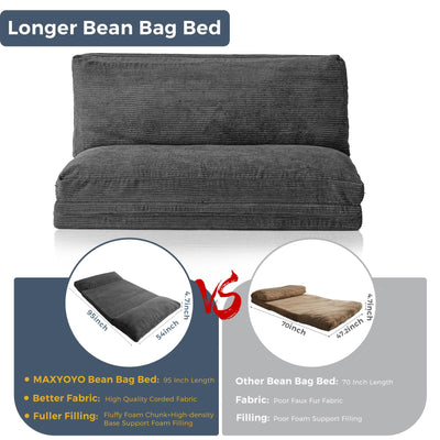 MAXYOYO Bean Bag Folding Sofa Bed with Corduroy Washable Cover, Extra Thick and Long Floor Sofa for Adults, Dark Grey