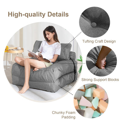 MAXYOYO Folding Couch Sofa Bed, Convertible Sleeper Chairs with Back Support and Pillow, Grey