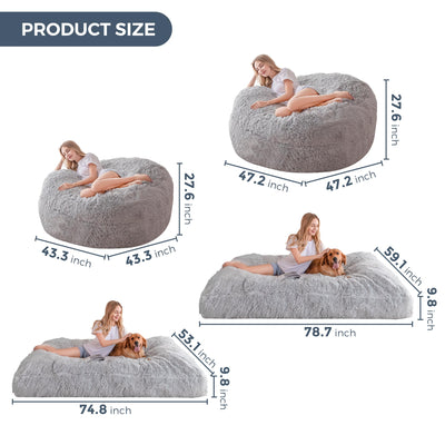 MAXYOYO Giant Bean Bag, Faux Fur Convertible Beanbag Folds from Lazy Chair to Floor Mattress Bed,Grey