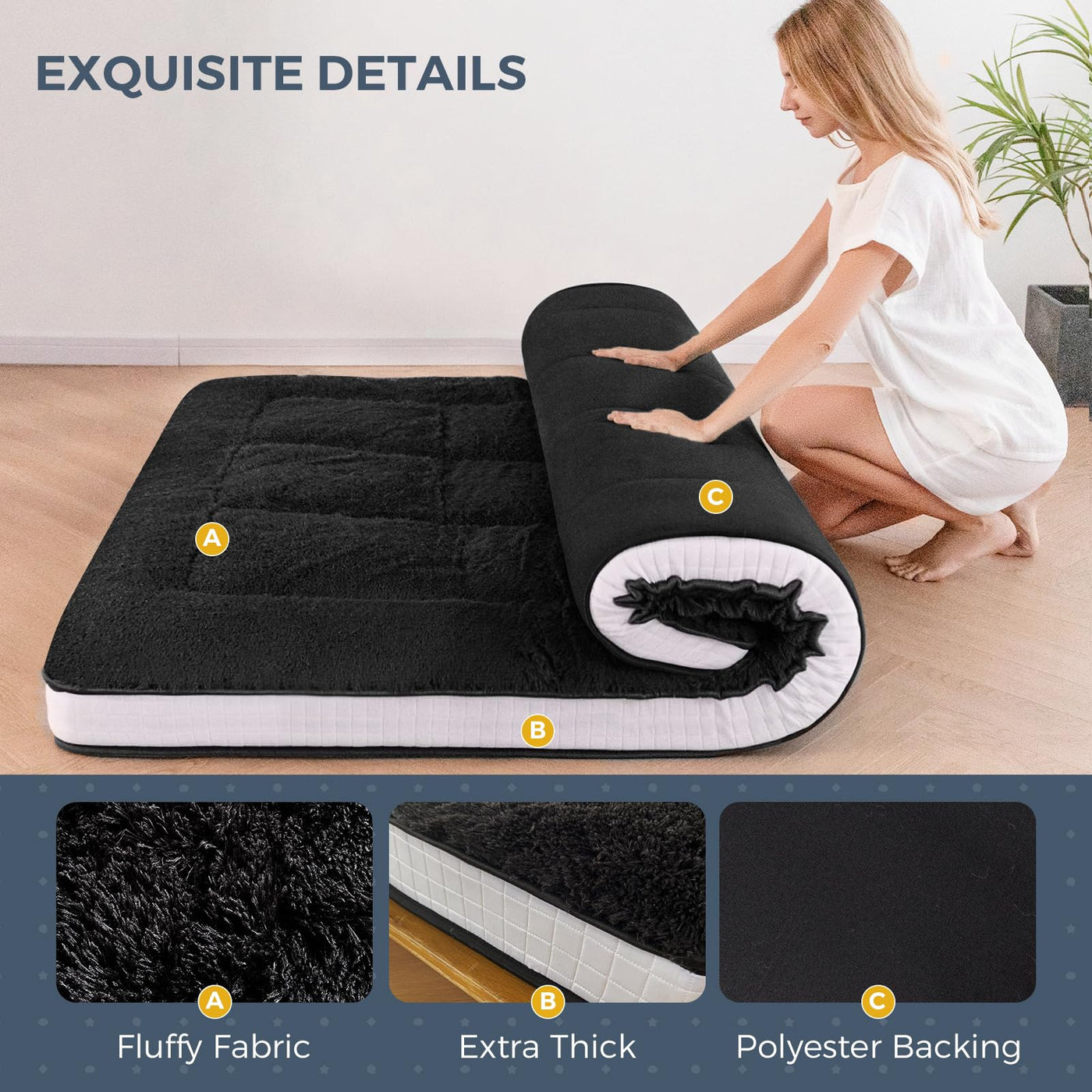 MAXYOYO 6" Extra Thick Fluffy Floor Futon Mattress, Long Plush Square Quilted Floor Mattress for Adults, Black