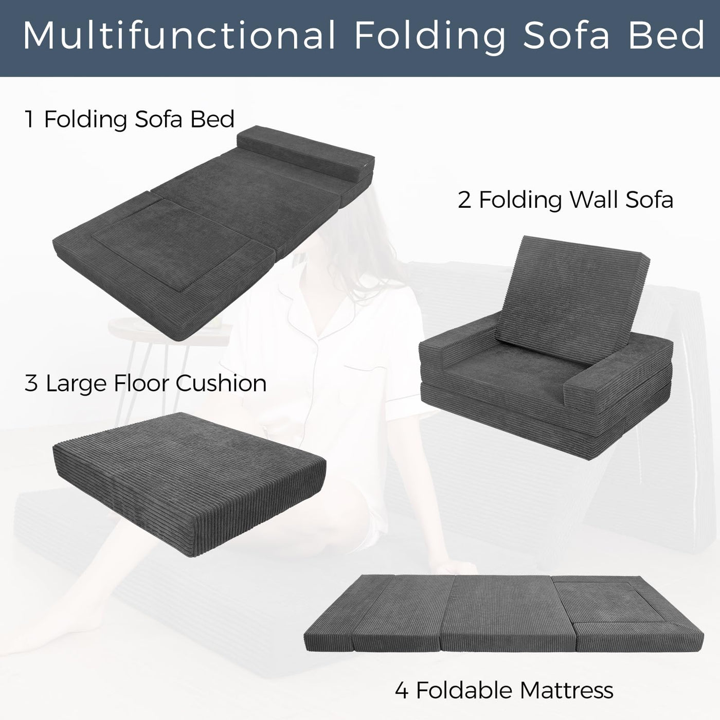 MAXYOYO Multifunctional Folding Sofa Bed, Portable Foldable Sleeper Sofa Floor Couch Futon Mattress for Guest Room, Dark Grey