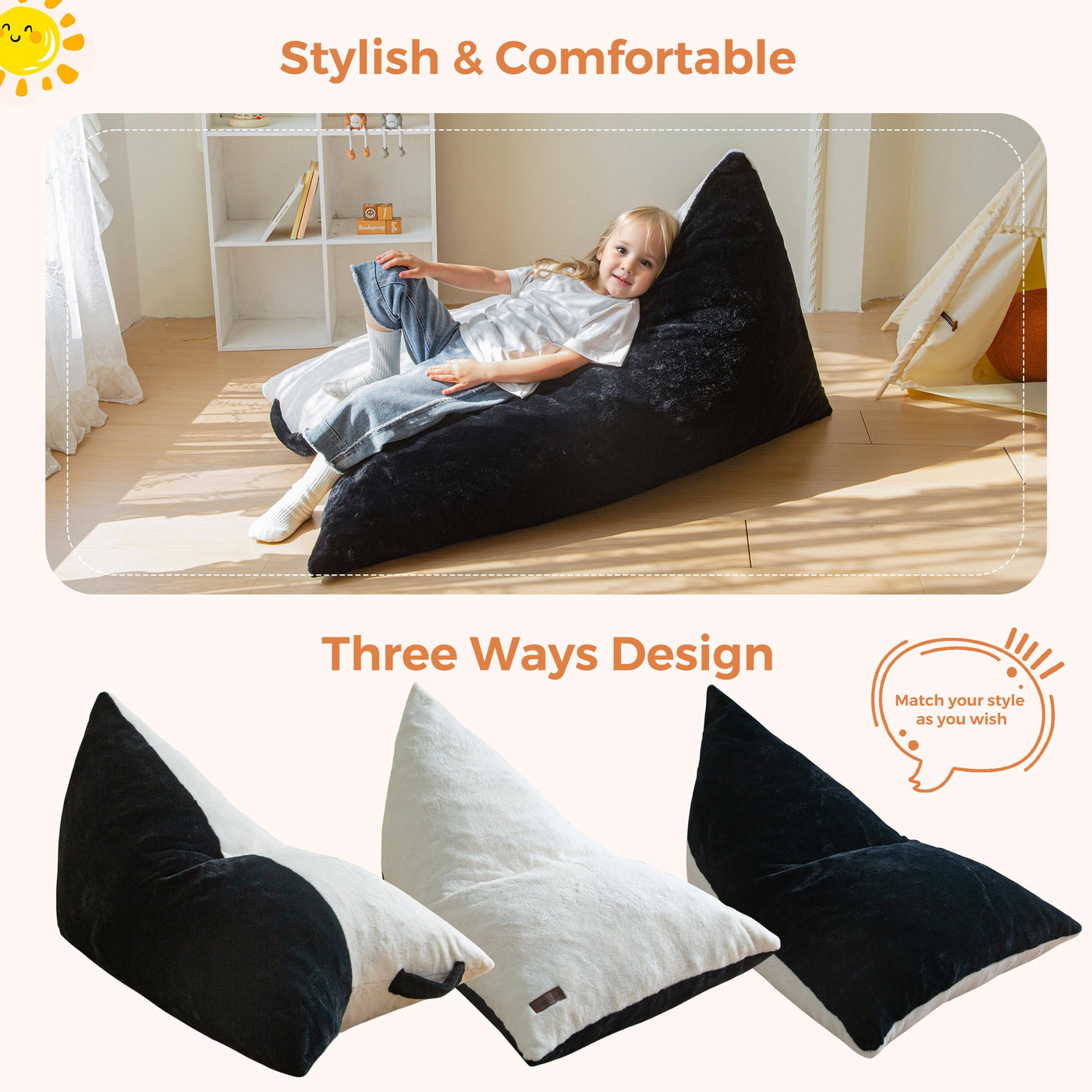 MAXYOYO Kids Bean Bag Chair - 2-Tone Handle Design, High-Density Foam Floor Lounger, Black & White