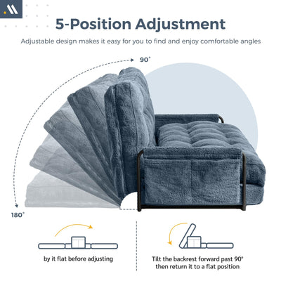 MAXYOYO Adjustable Floor Sofa Couch with 2 Pillows, Boucle Convertible Lazy Sofa Sleeper Bed with Armrest, Double, Dusty Blue