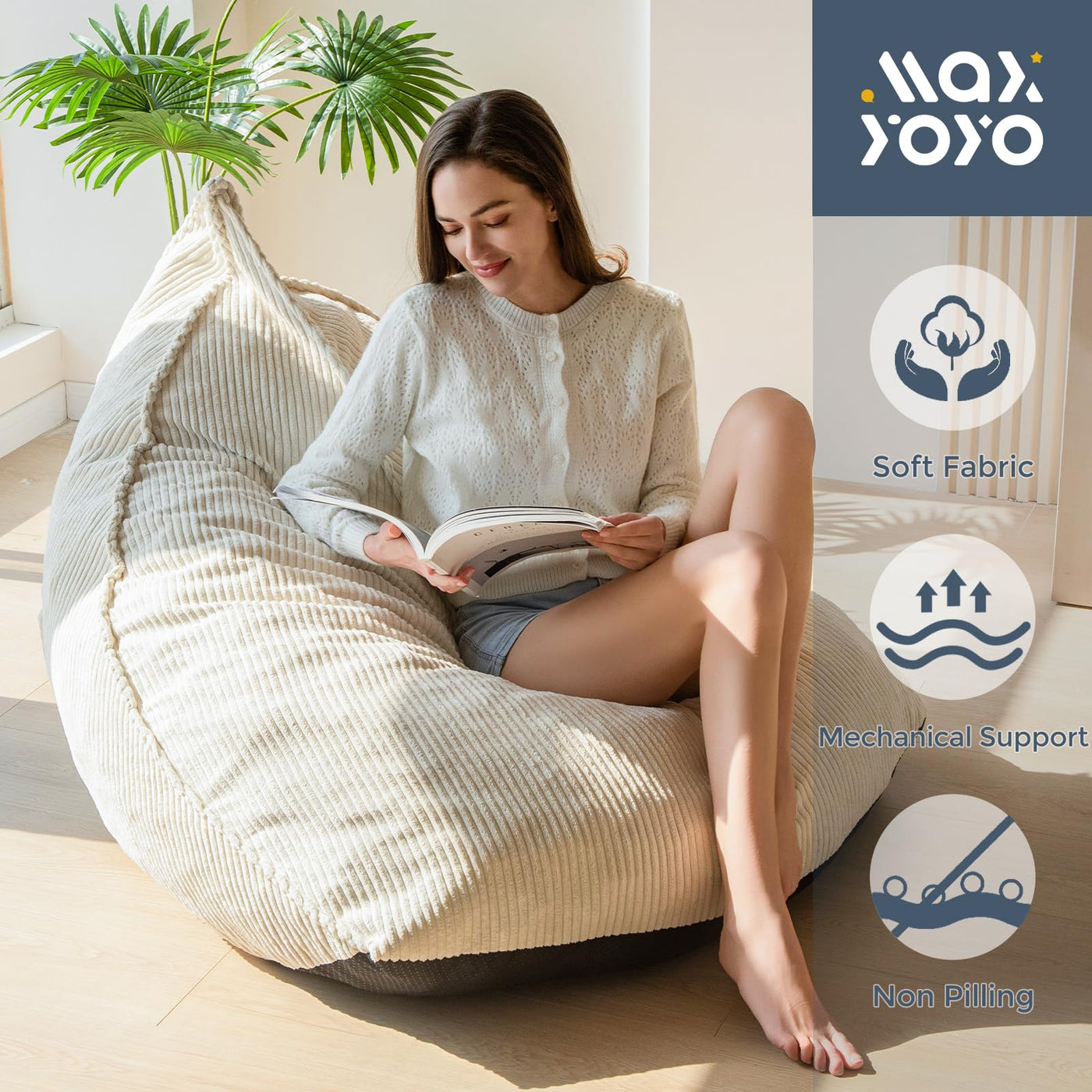MAXYOYO Corduroy Bean Bag Chairs for Adult, Bean Bag Couch with Filler, Soft Lazy Sofa 43"x41"x35", Beige