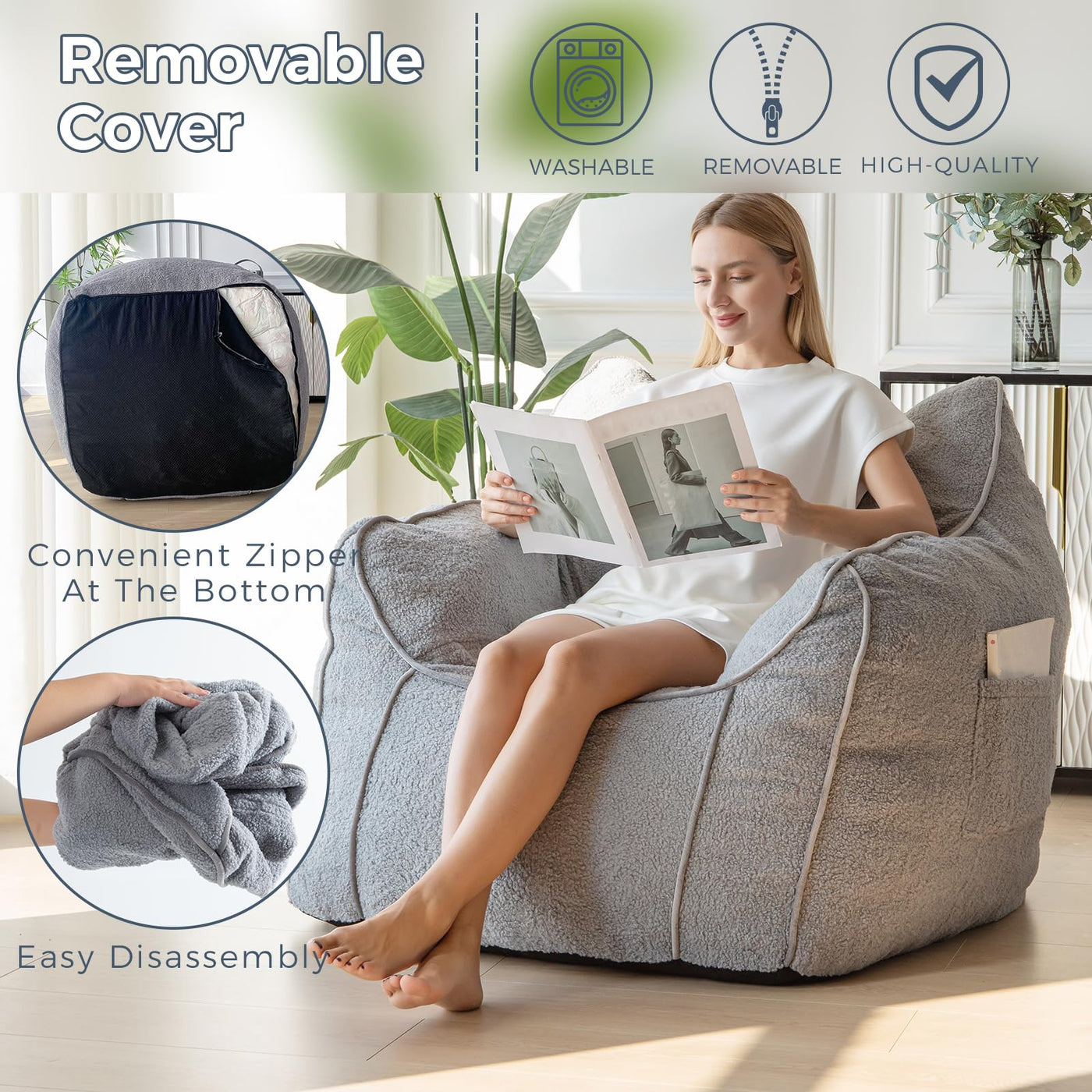 MAXYOYO Giant Bean Bag Chair for Adults, Large Fluffy Bean Bag Couch for Living Room with Decorative Edges, Grey