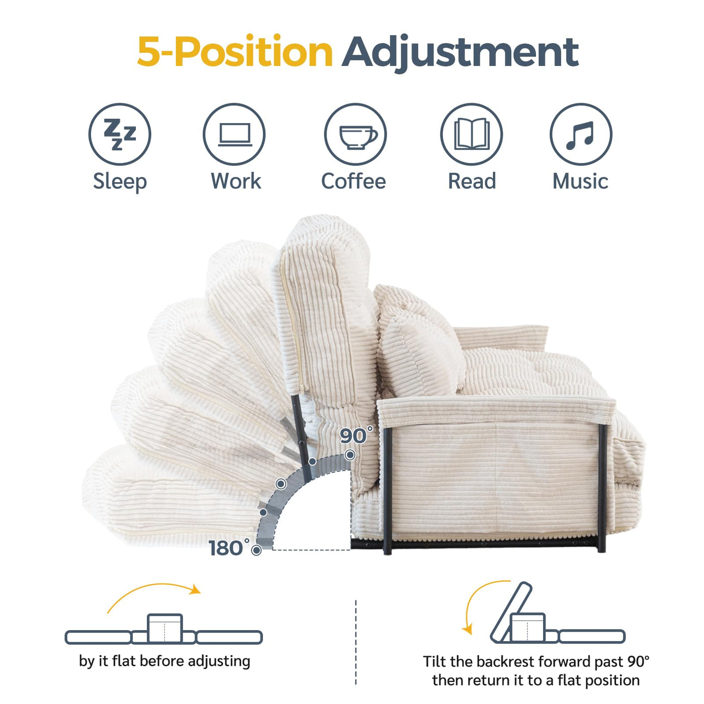 MAXYOYO Adjustable Floor Sofa Bed with 2 Pillows, Multi-Functional Bean Bag Sleeper Bed with Armrest for Reading Gaming, Beige