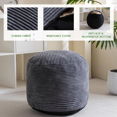 MAXYOYO Round Stuffed Pouf Ottoman, Corduroy Poufs with Foam Chunk Filling, 20 X 15In, Dark Grey