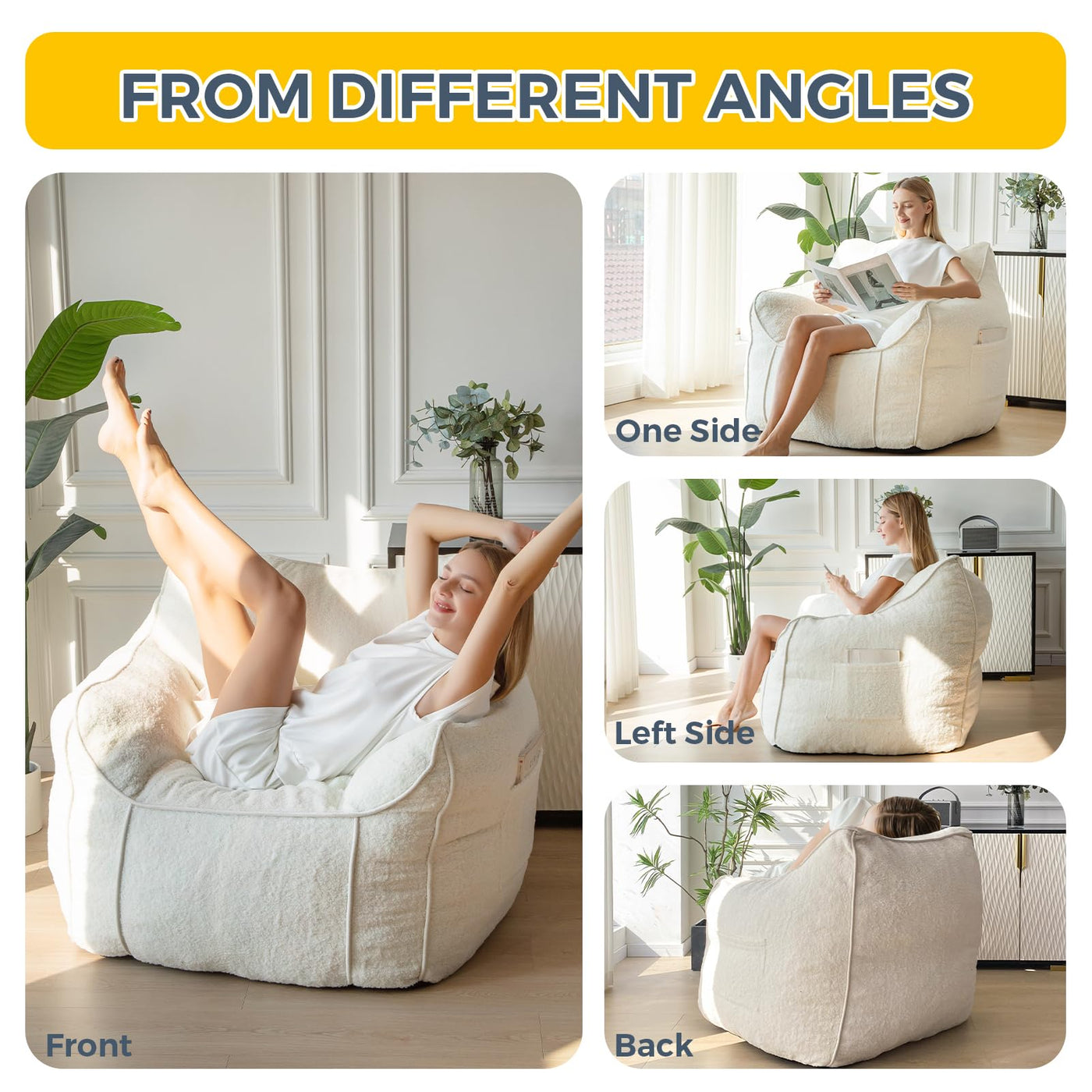 MAXYOYO Giant Bean Bag Chair for Adults, Large Fluffy Bean Bag Couch for Living Room with Decorative Edges, White