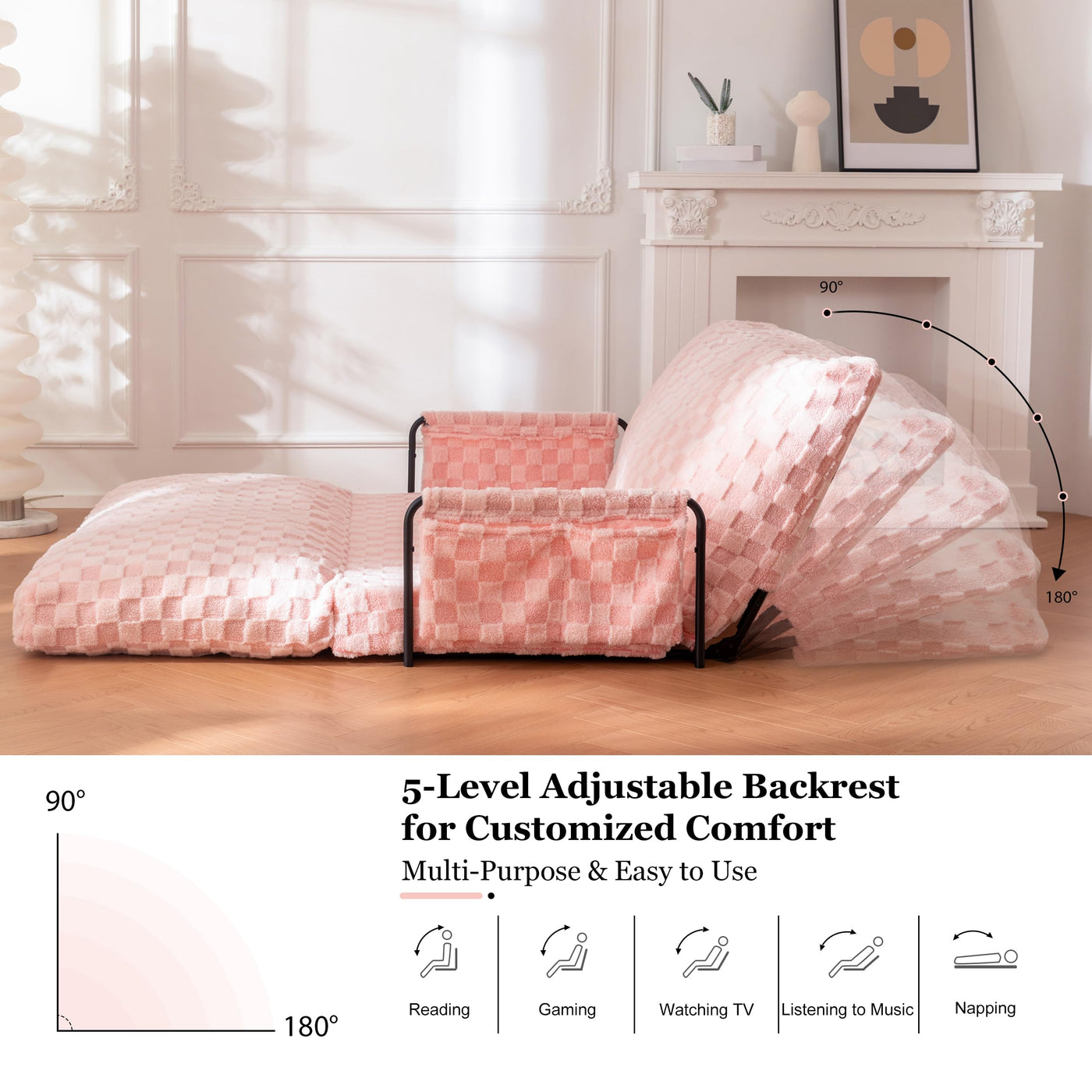 MAXYOYO Adjustable Lazy Floor Sofa, 5-Position Foldable Sleeper Chair with Armrest for Reading, Pink