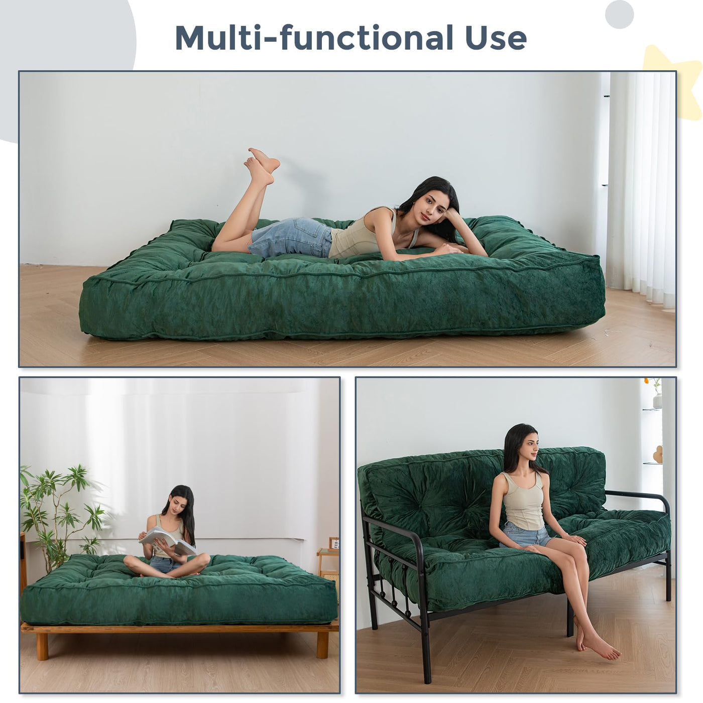 MAXYOYO 8" Thick Futons Sofa Couch Bed, Velvet Tufting Futon Mattress for Adults (Mattress Only), Green