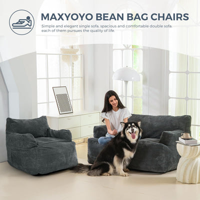 MAXYOYO Oversized Bean Bag Chair for Adults, 2-Seater Loveseat  Bean Bag Couch with Filler for Living Room, Dark Grey