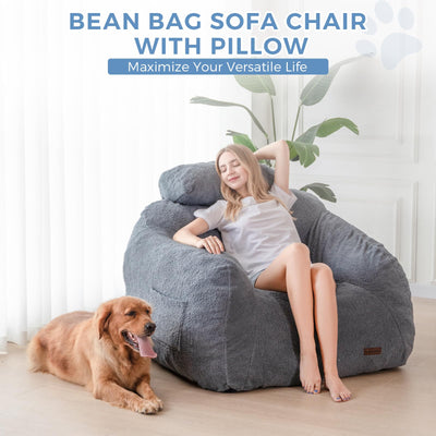 MAXYOYO Giant Bean Bag Chair with Pillow, Fuzzy Comfy Large Bean Bag Chair Couch for Reading and Gaming, Dusty Blue